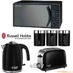 Black Russell Hobbs Microwave Kettle Toaster+Tea Coffee Sugar Canisters SET NEW