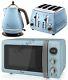 Blue Microwave + Kettle And Toaster Set Delonghi Icona And Swan Retro Brand New