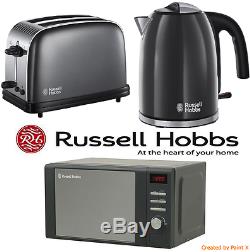 Grey Stainless Steel Russell Hobbs Microwave Kettle & Toaster Kitchen Bundle Set