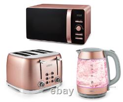 NEW Glitz Glass Kettle, 4 Slice Toaster & 800w Digital Microwave Sparkling Pink