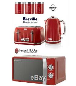 Red Breville Kettle and Toaster Set & Russell Hobbs Microwave & Canister Set New