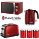 Red Russell Hobbs Microwave Kettle Toaster Set + Tea, Coffee And Sugar Canisters