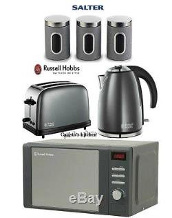 Russell Hobbs Microwave Kettle and Toaster + 3 Piece Salter Canister Set Grey