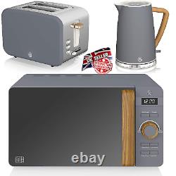 SWAN Cordless Kettle Toaster & Digital Microwave Nordic Set Grey/Wood Finish UK