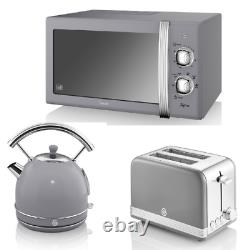 SWAN Retro Dome Kettle 2 Slice Toaster & Microwave Vintage Kitchen Set Grey