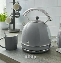 SWAN Retro Dome Kettle 2 Slice Toaster & Microwave Vintage Kitchen Set Grey