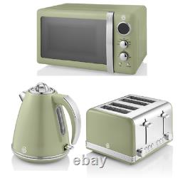 SWAN Retro Kitchen Set in Green Jug Kettle 4 Slice Toaster & Digital Microwave