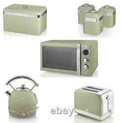 SWAN Retro Kitchen Set of 7 Green Kettle Toaster Microwave Breadbin & Canisters