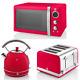 Swan Retro Red Dome Kettle, 4 Slice Toaster & Digital Microwave Kitchen Set