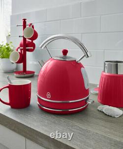 SWAN Retro Red Dome Kettle, 4 Slice Toaster & Digital Microwave Kitchen Set