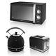 Swan Black Microwave 20l 800w, Retro Dome Kettle 3kw 1.7l & 2 Slice Toaster Set