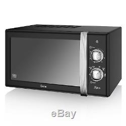 Swan Black Microwave 20L 800w, Retro Dome Kettle 3kW 1.7L & 2 Slice Toaster Set