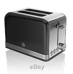 Swan Black Microwave 20L 800w, Retro Dome Kettle 3kW 1.7L & 2 Slice Toaster Set