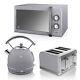 Swan Grey Microwave 20l 800w, Retro Dome Kettle 3kw 1.7l & 4 Slice Toaster Set