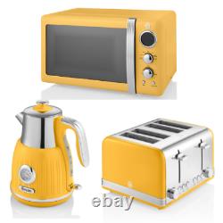 Swan Retro Dial Kettle 4 Slice Toaster & Digital Microwave Yellow Kitchen Set