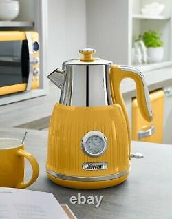 Swan Retro Dial Kettle 4 Slice Toaster & Digital Microwave Yellow Kitchen Set