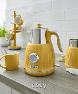 Swan Retro Dial Kettle 4 Slice Toaster & Digital Microwave Yellow Kitchen Set