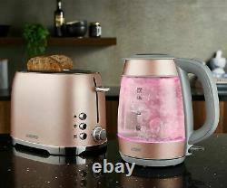 Tower Glitz Blush Pink Glass Kettle, 2 Slice Toaster &800W Digital Microwave Set