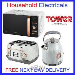 Tower White Marble Rose Gold Microwave Kettle 1.7 Litre 3kW & 4 Slice Toaster